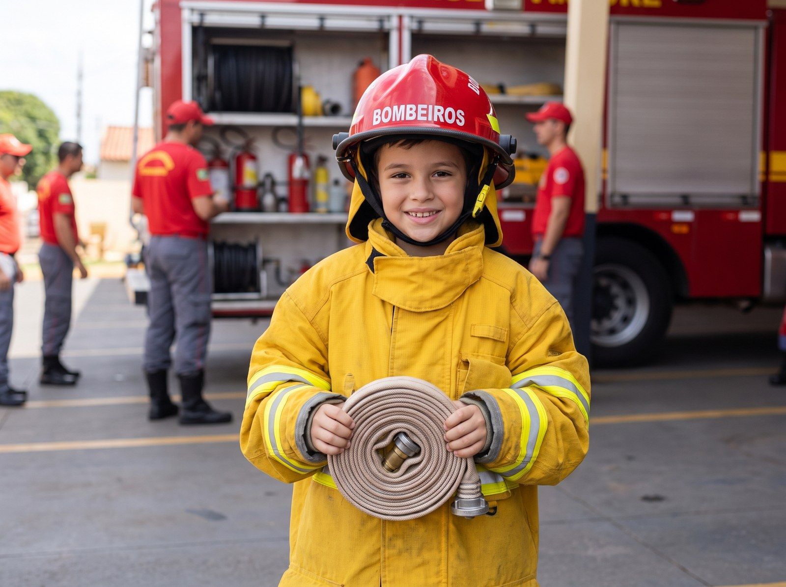 Imagem ilustrativa de uma criança vestida como bombeiro diante de um caminhão do Corpo de Bombeiros.