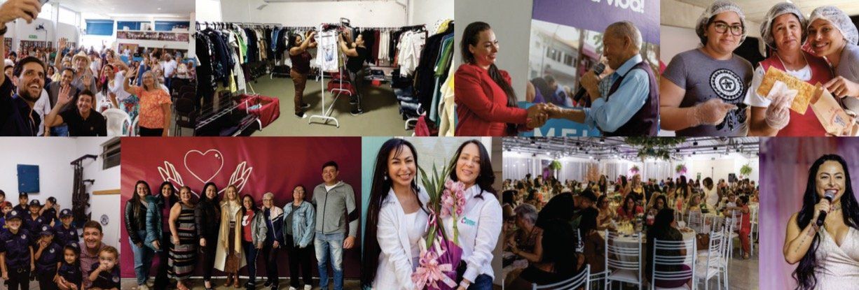 Mosaico com registros de projetos sociais, encontros comunitários e atividades com crianças e mulheres.